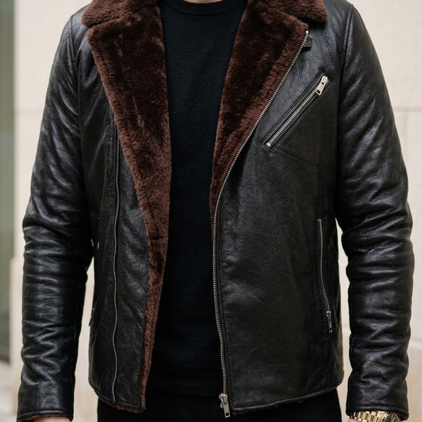 Taj Bespoke Nordic Black Shearling-Collar Biker Jacket