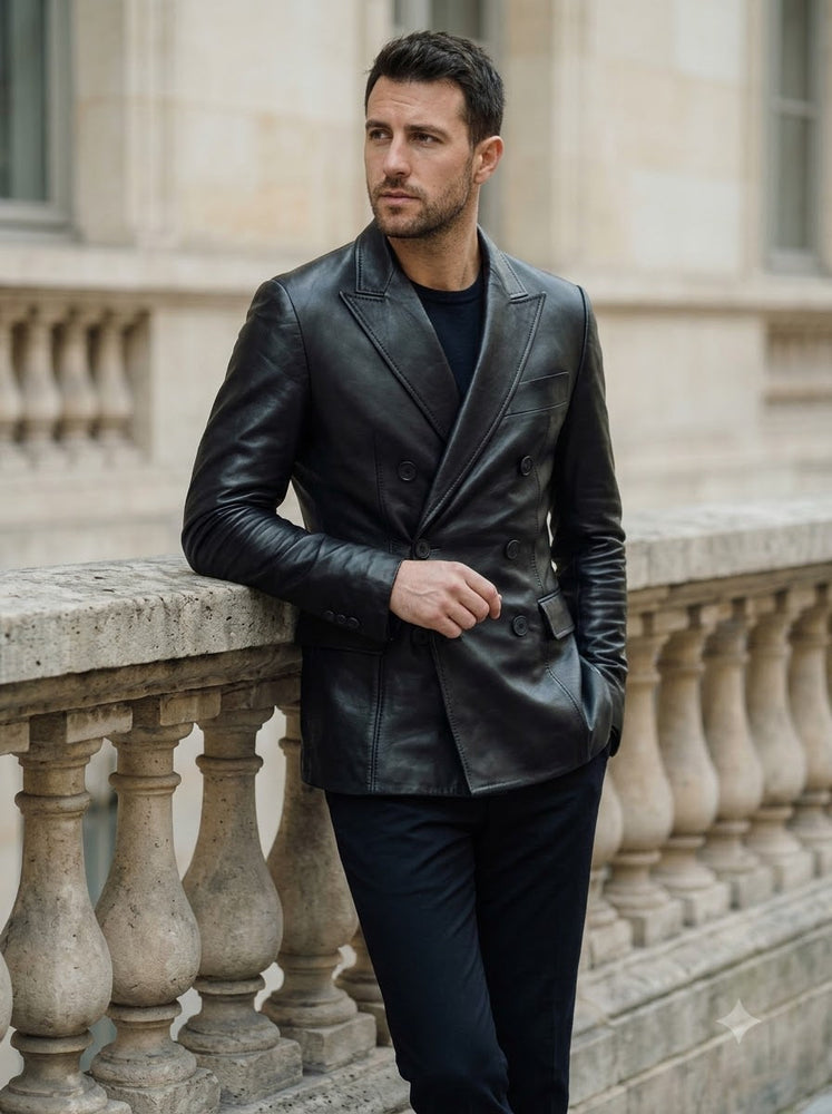 Taj Bespoke Milano Peak-Lapel Double-Breasted Leather Blazer