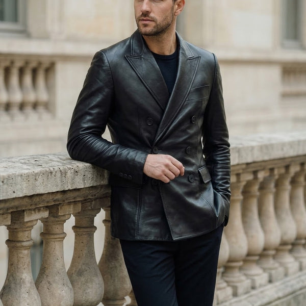 Taj Bespoke Milano Peak-Lapel Double-Breasted Leather Blazer