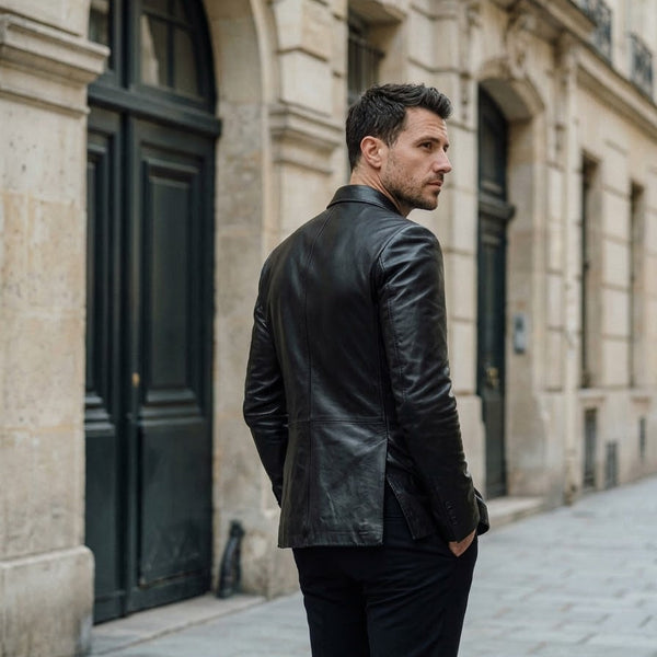 Taj Bespoke Milano Peak-Lapel Double-Breasted Leather Blazer