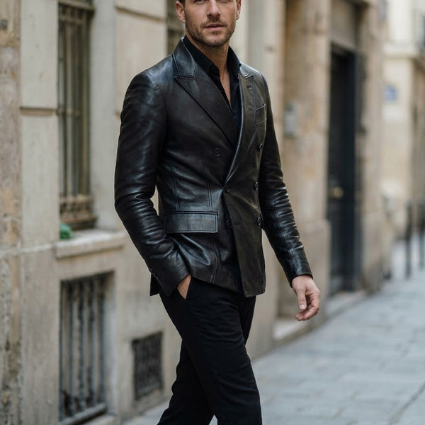 Taj Bespoke Milano Peak-Lapel Double-Breasted Leather Blazer