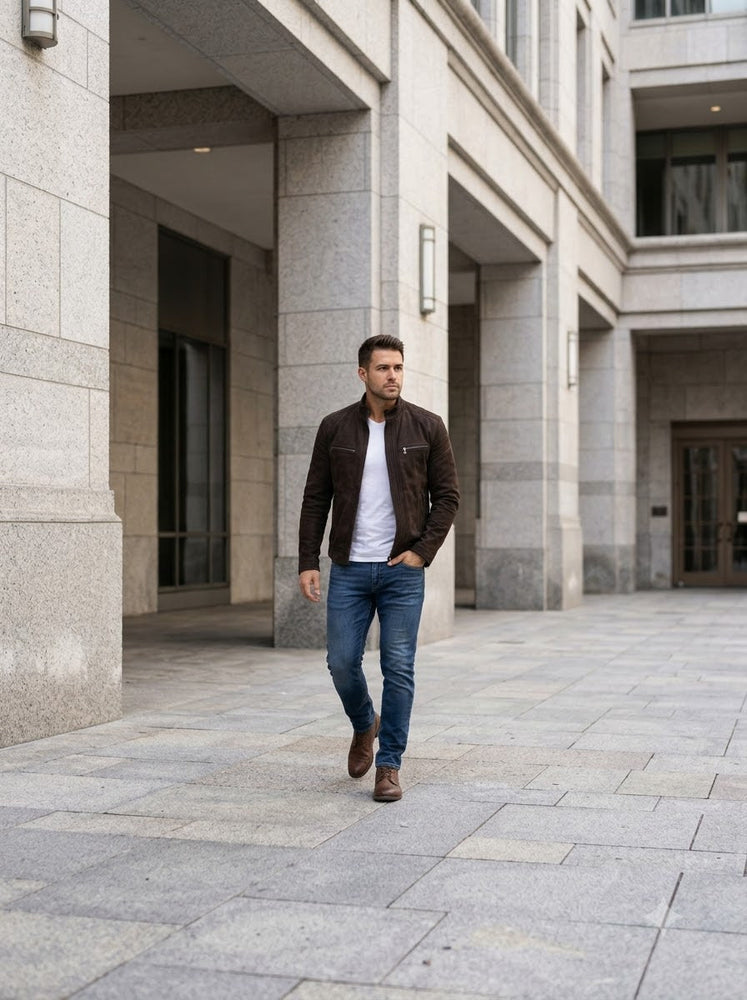 Taj Signature Chocolate Velour Suede Cafe Racer Jacket