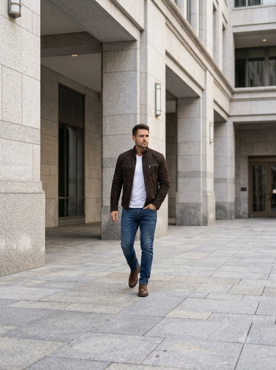Taj Signature Chocolate Velour Suede Cafe Racer Jacket