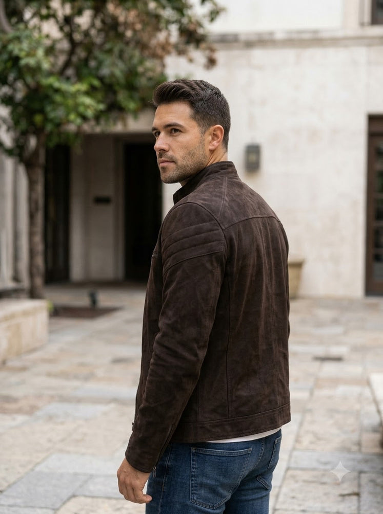Taj Signature Chocolate Velour Suede Cafe Racer Jacket