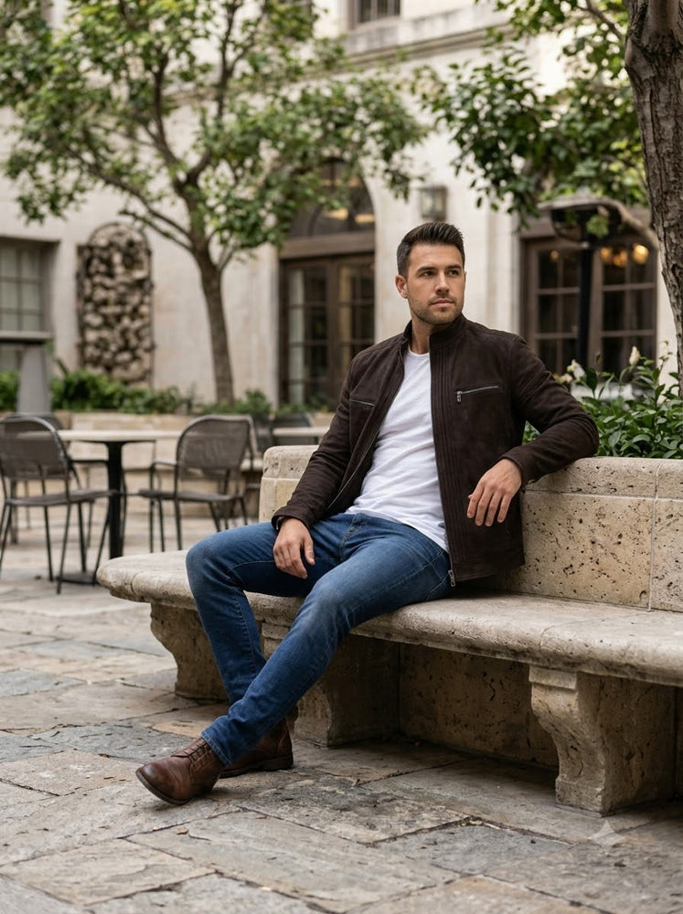 Taj Signature Chocolate Velour Suede Cafe Racer Jacket