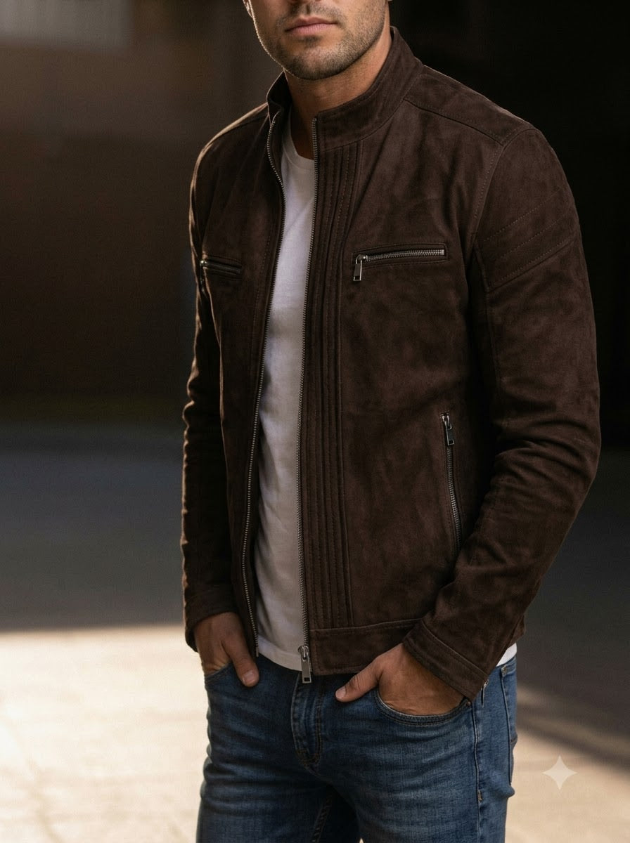 Taj Signature Chocolate Velour Suede Cafe Racer Jacket