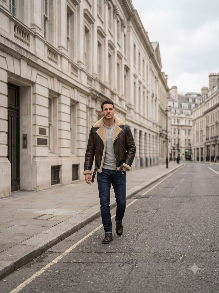Taj Heritage B-3 Aviator Distressed Brown Shearling Bomber
