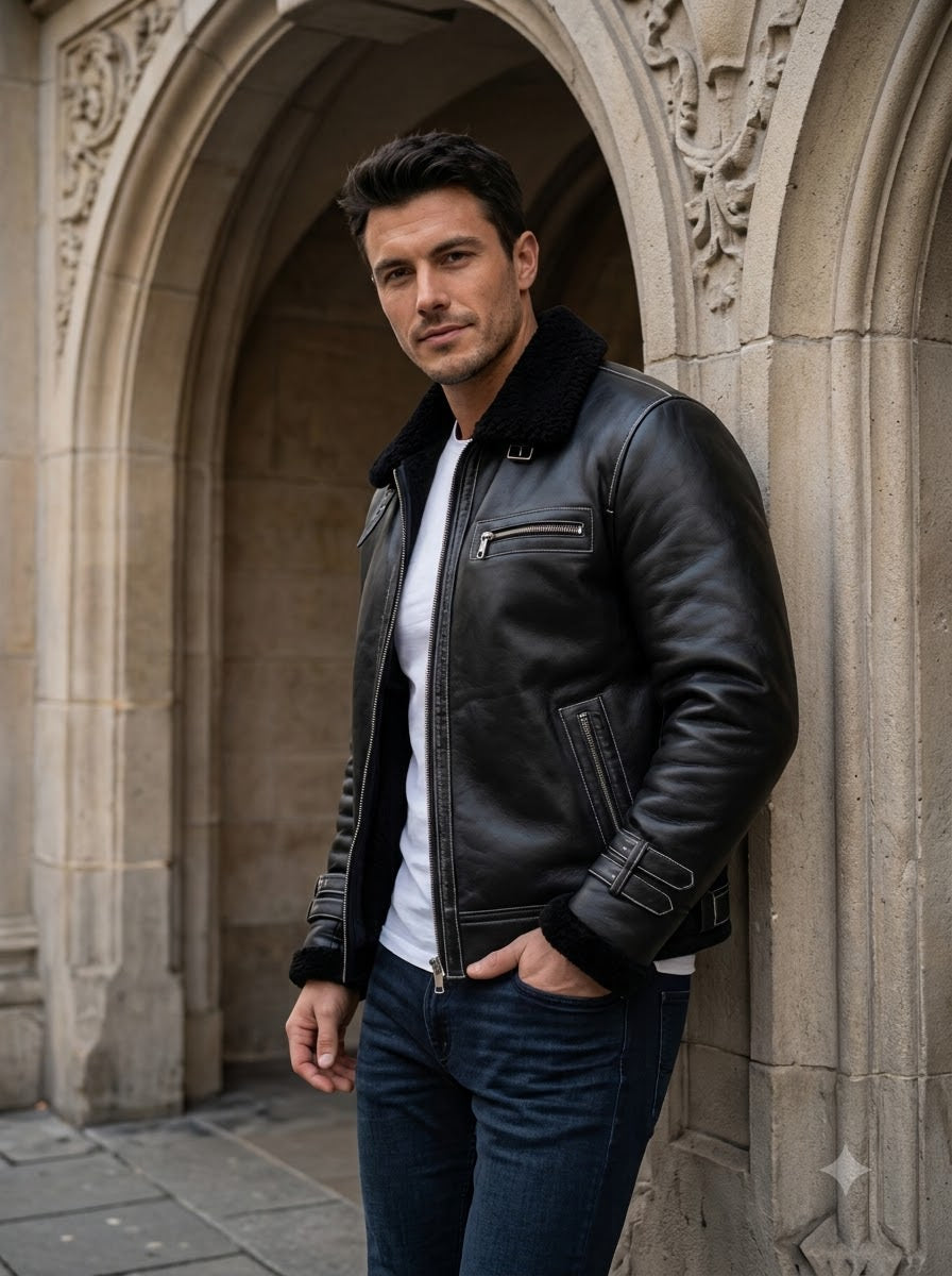 Taj Signature Nightfall Black Leather Shearling Bomber