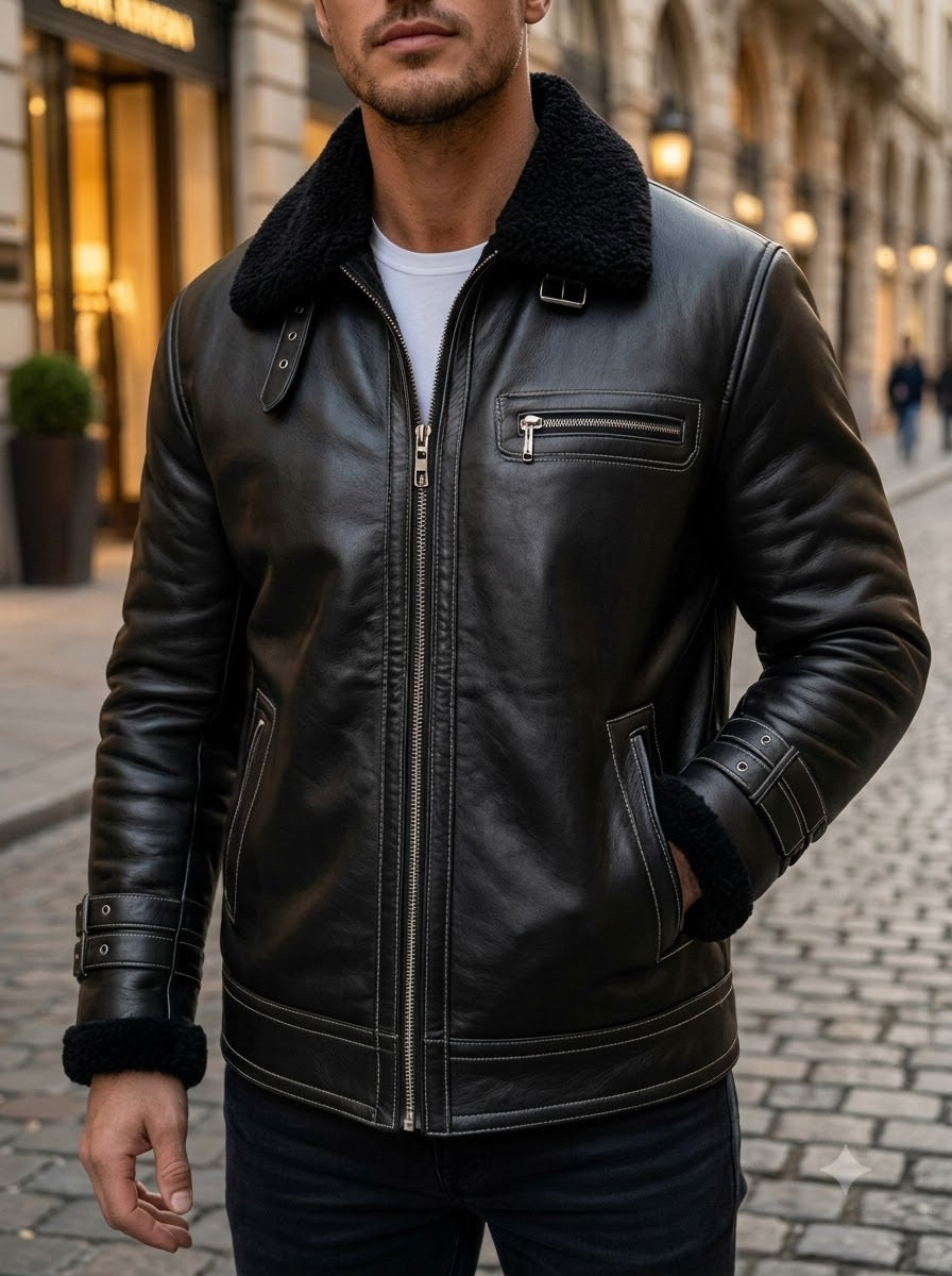 Taj Signature Nightfall Black Leather Shearling Bomber