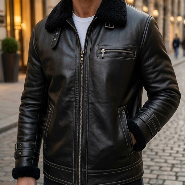 Taj Signature Nightfall Black Leather Shearling Bomber