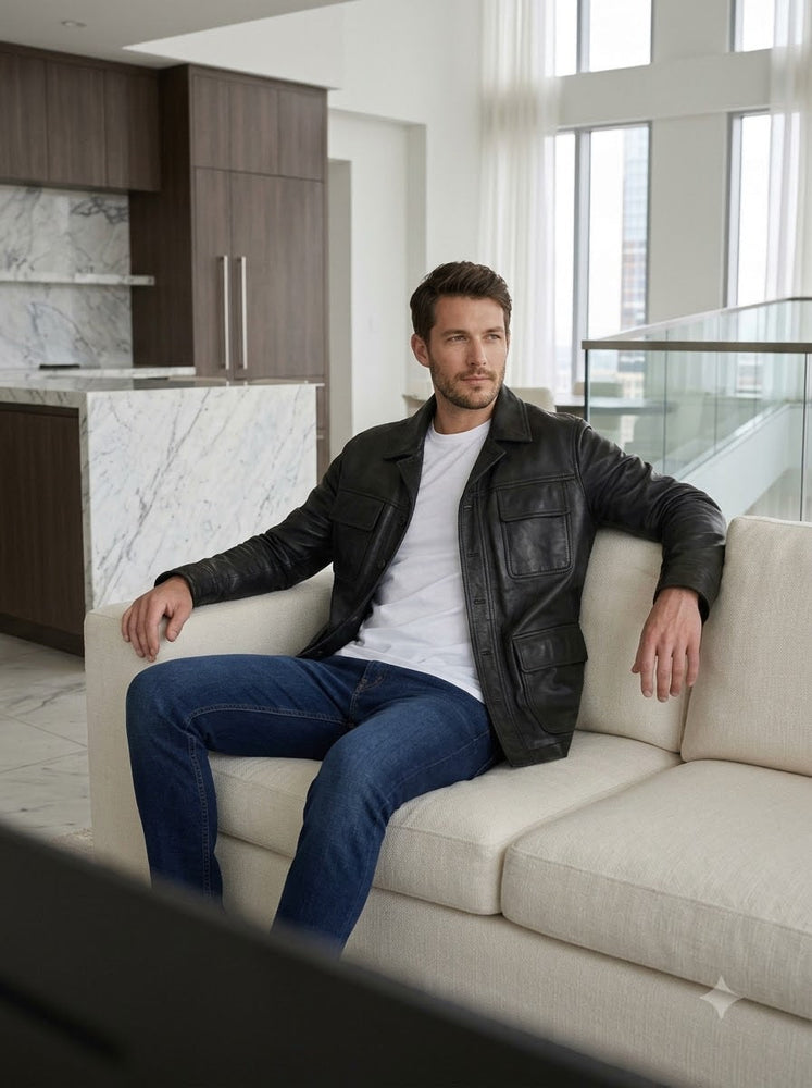 Taj Bespoke Washed Charcoal Nappa Leather Shirt Jacket