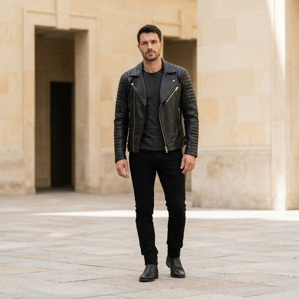 Taj Bespoke Phantom Ribbed Asymmetric Biker Leather Jacket