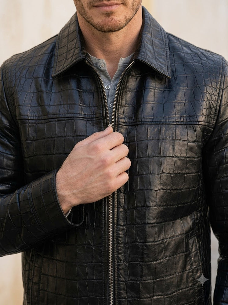 Taj Signature Croc-Embossed Exotic Leather Zip Jacket