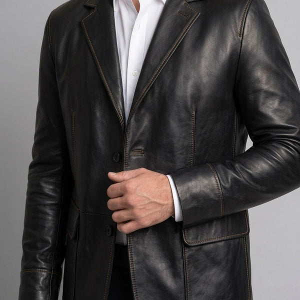 Taj Bespoke Executive Black Nappa Leather Two-Button Blazer