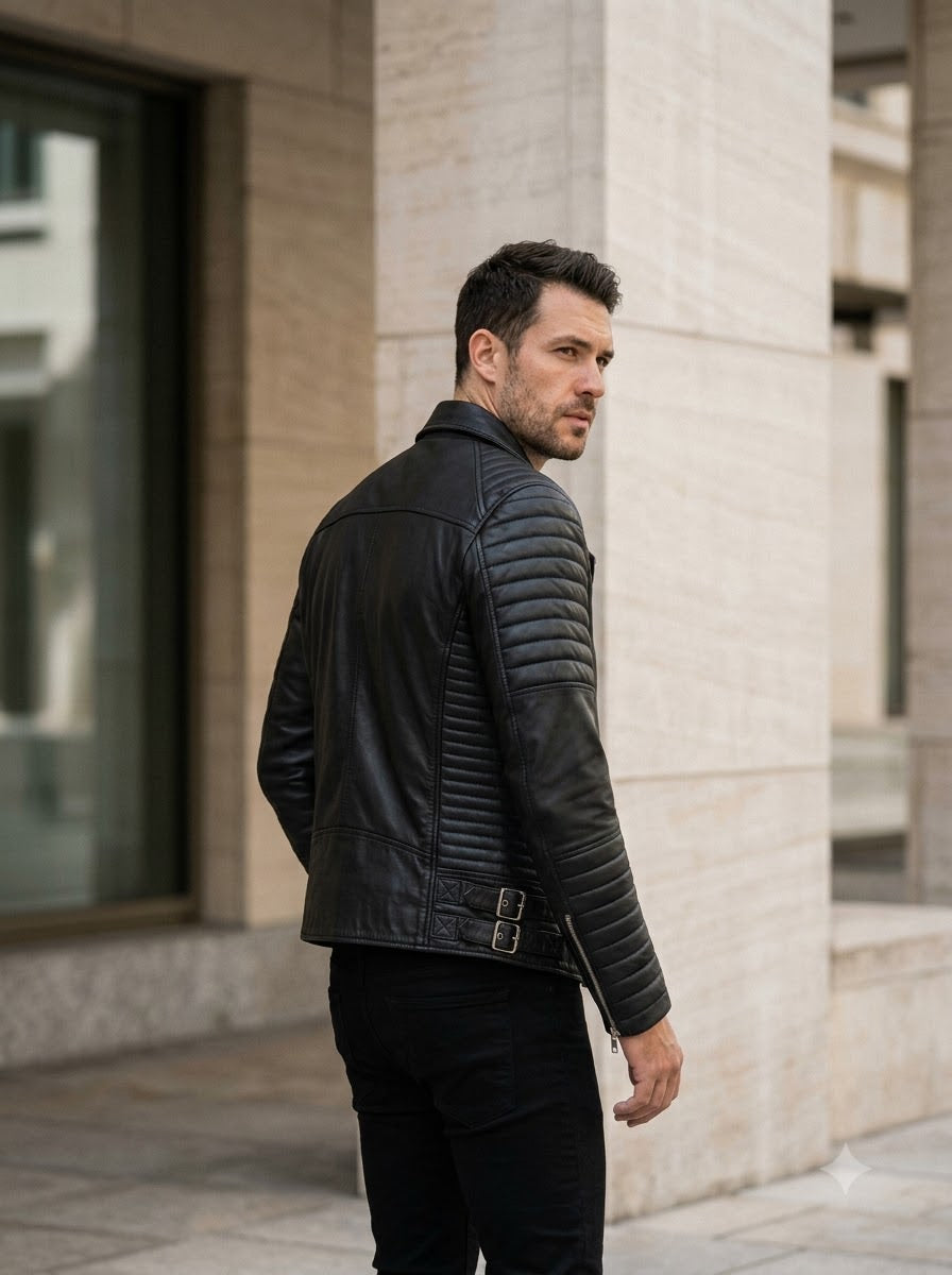 Taj Bespoke Phantom Ribbed Asymmetric Biker Leather Jacket