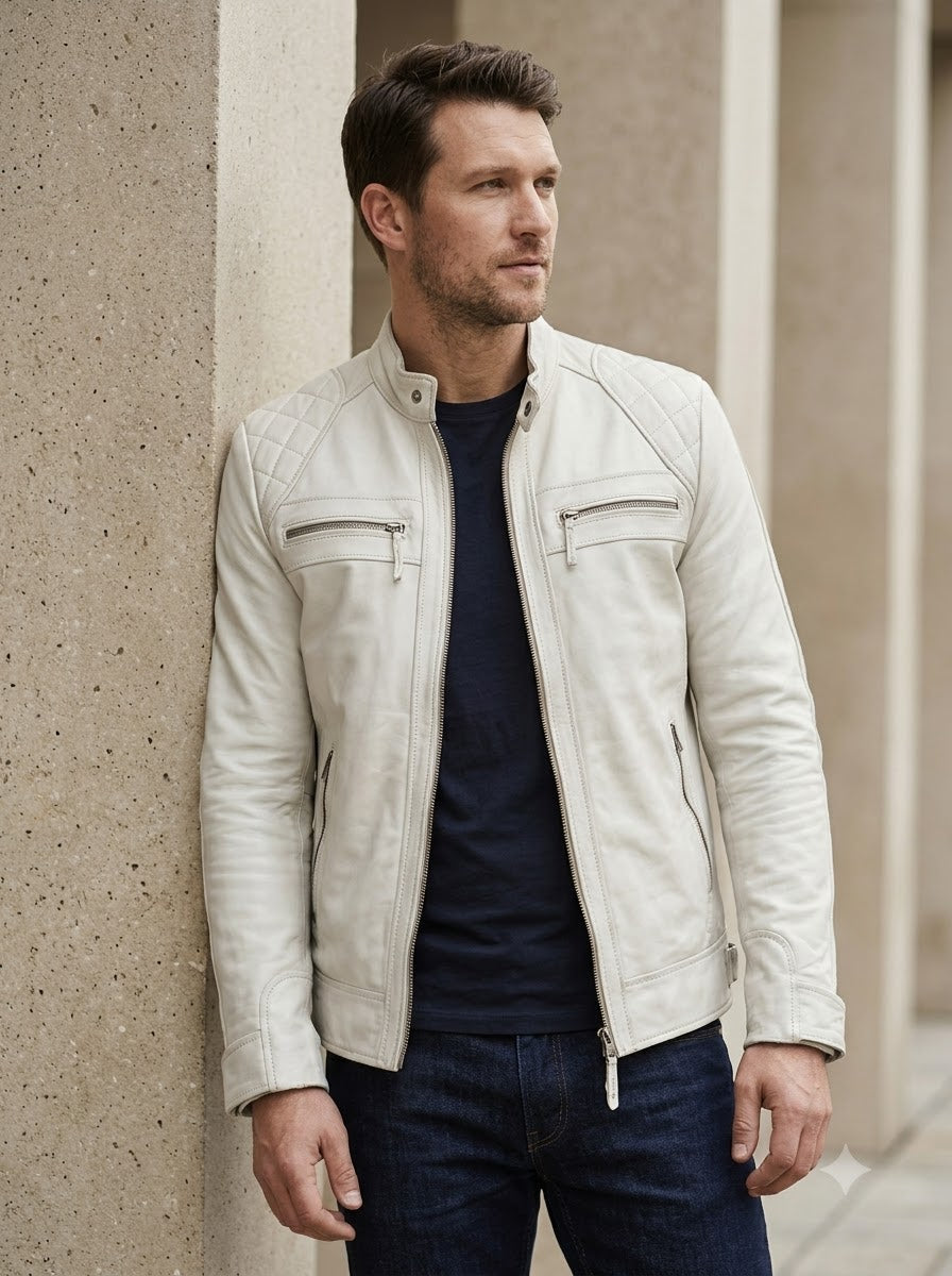 Taj Signature Alabaster White Cafe Racer Leather Jacket