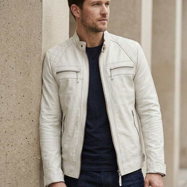 Taj Signature Alabaster White Cafe Racer Leather Jacket