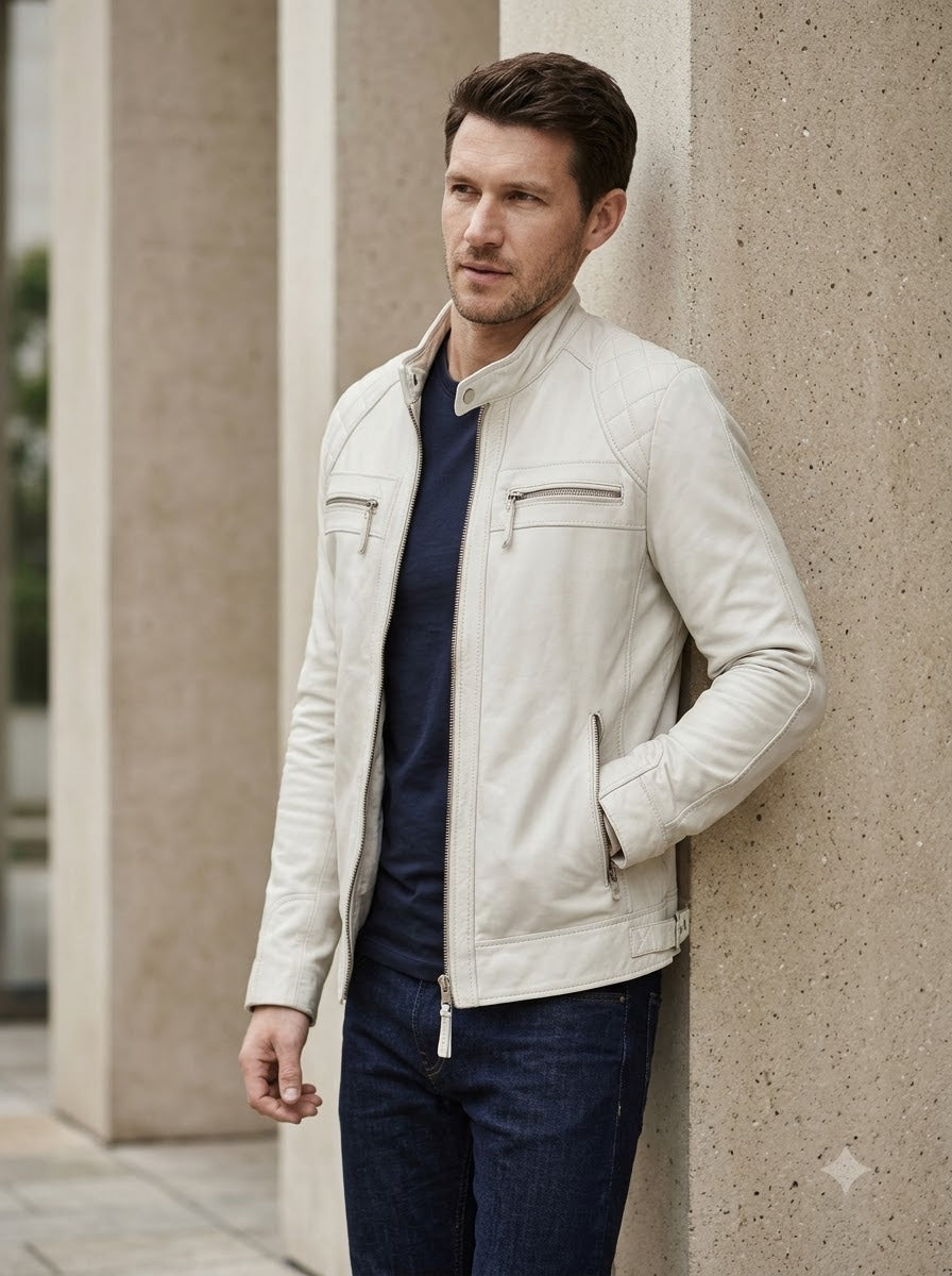Taj Signature Alabaster White Cafe Racer Leather Jacket