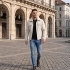 Taj Bespoke Aspen Off-White Sherpa Collar Leather Trucker Jacket