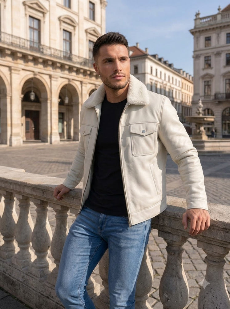 Taj Bespoke Aspen Off-White Sherpa Collar Leather Trucker Jacket