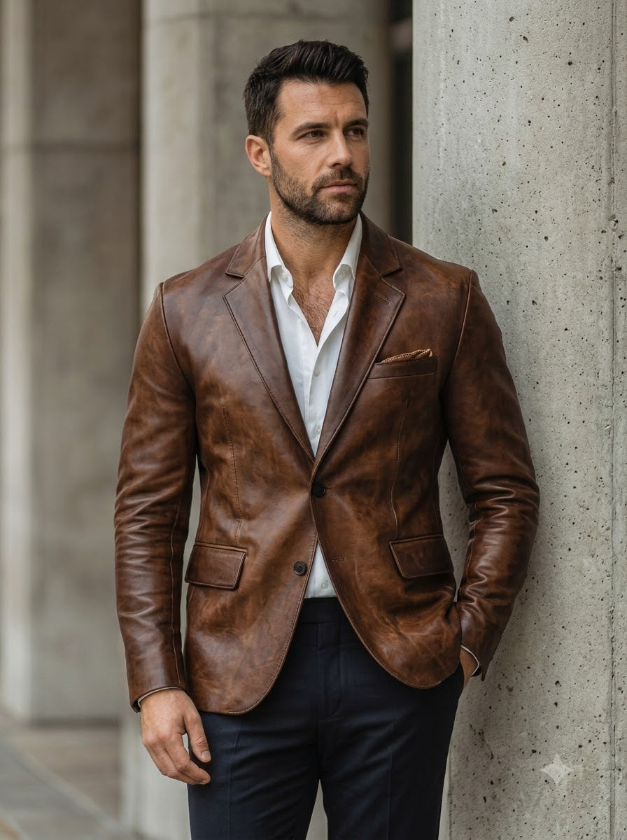 Taj Bespoke Firenze Cognac Two-Button Leather Blazer