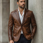 Taj Bespoke Firenze Cognac Two-Button Leather Blazer