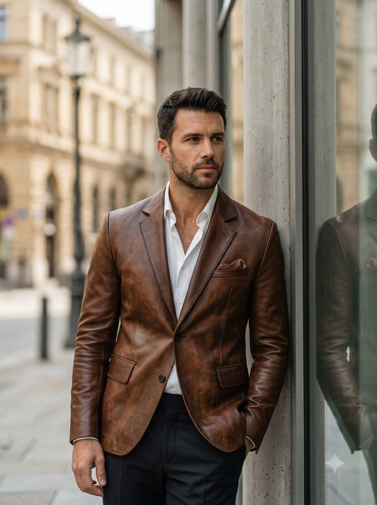 Taj Bespoke Firenze Cognac Two-Button Leather Blazer