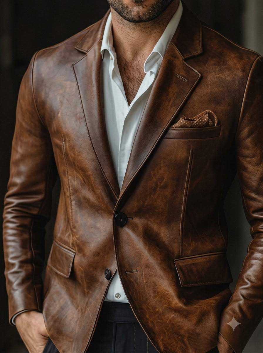Taj Bespoke Firenze Cognac Two-Button Leather Blazer