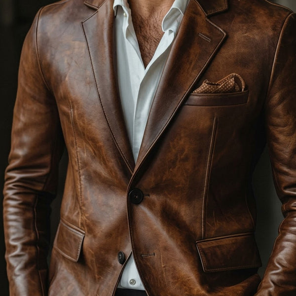 Taj Bespoke Firenze Cognac Two-Button Leather Blazer