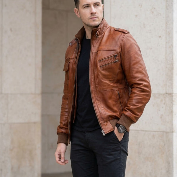 Taj Signature Amber Cognac Ribbed Moto Leather Jacket