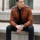 Taj Signature Amber Cognac Ribbed Moto Leather Jacket