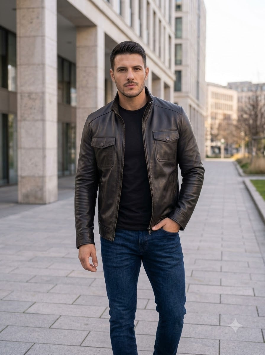 Taj Signature Sovereign Black Cafe Racer Leather Jacket