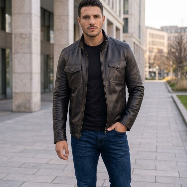 Taj Signature Sovereign Black Cafe Racer Leather Jacket