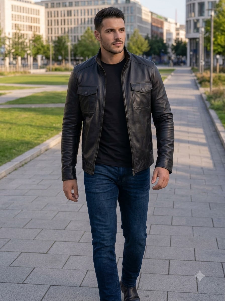 Taj Signature Sovereign Black Cafe Racer Leather Jacket