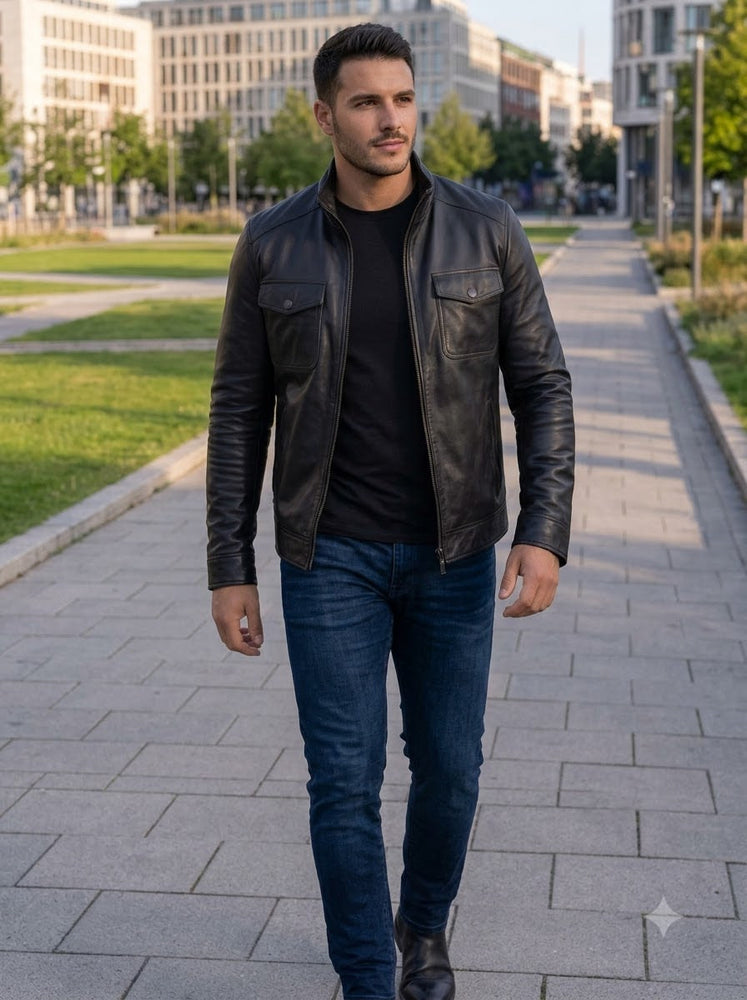 Taj Signature Sovereign Black Cafe Racer Leather Jacket
