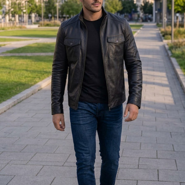 Taj Signature Sovereign Black Cafe Racer Leather Jacket
