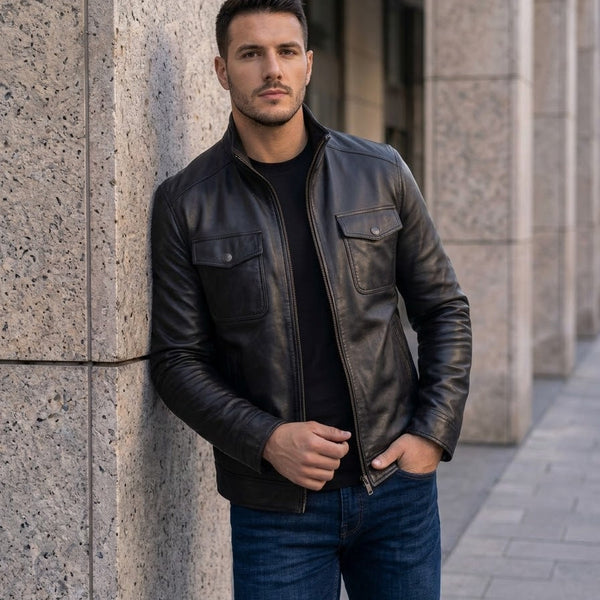 Taj Signature Sovereign Black Cafe Racer Leather Jacket