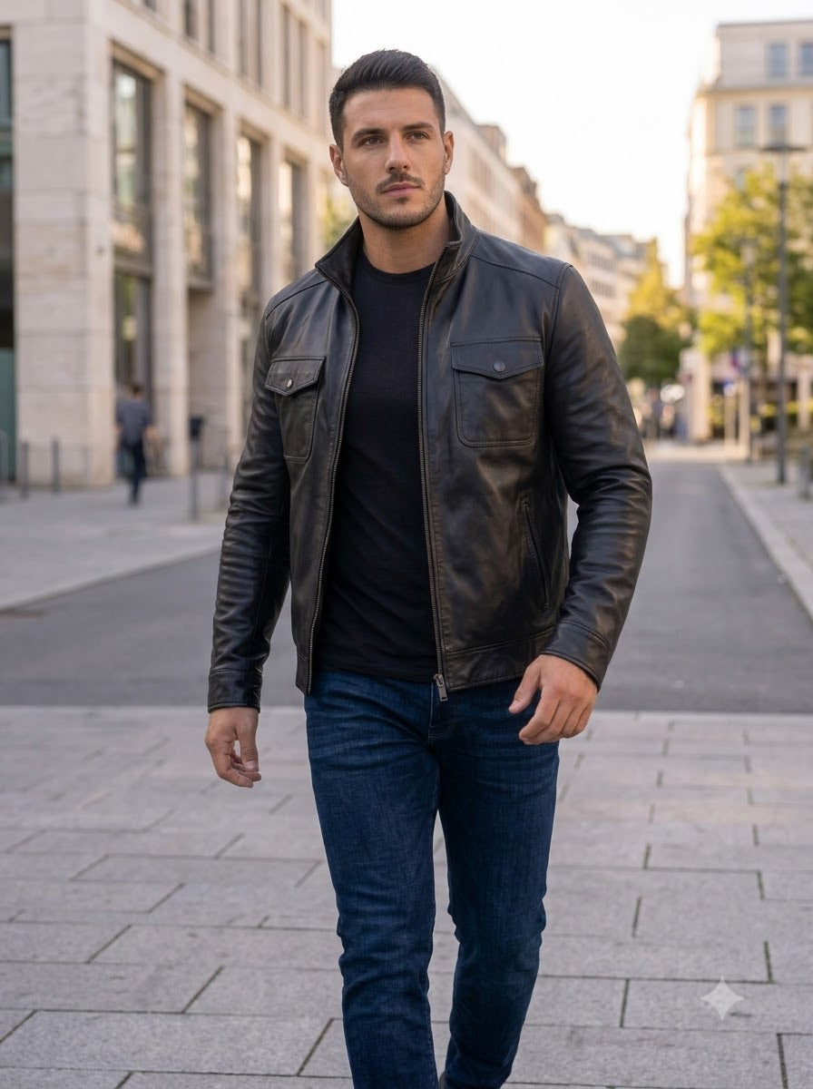 Taj Signature Sovereign Black Cafe Racer Leather Jacket