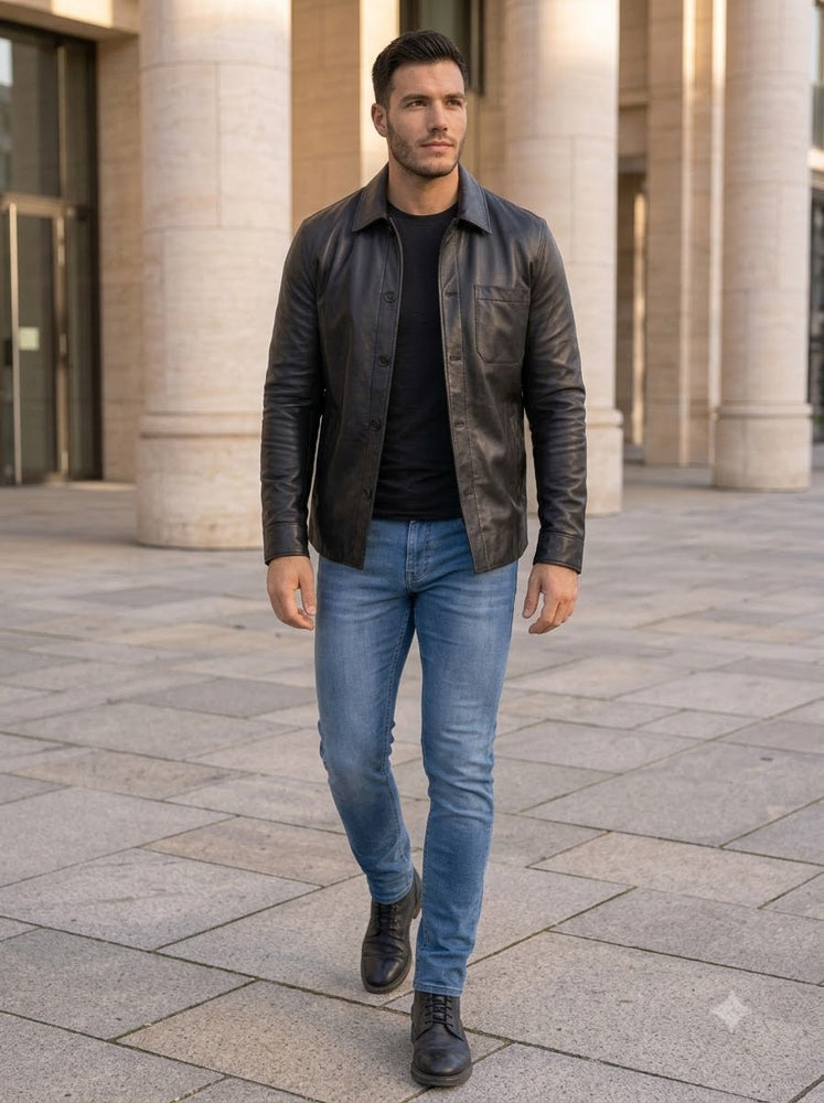 Taj Bespoke Soho Black Nappa Leather Snap Overshirt