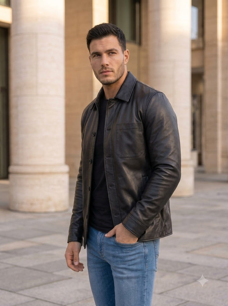 Taj Bespoke Soho Black Nappa Leather Snap Overshirt