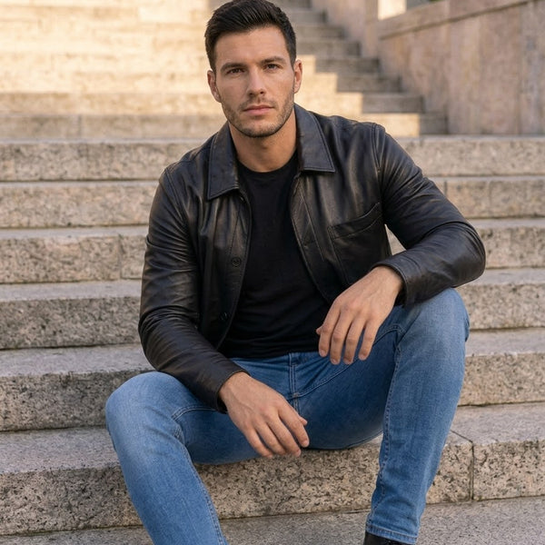 Taj Bespoke Soho Black Nappa Leather Snap Overshirt