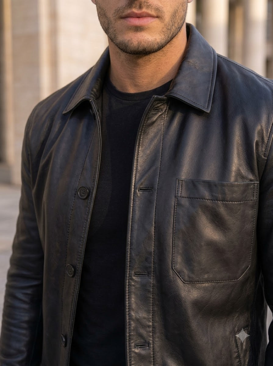 Taj Bespoke Soho Black Nappa Leather Snap Overshirt