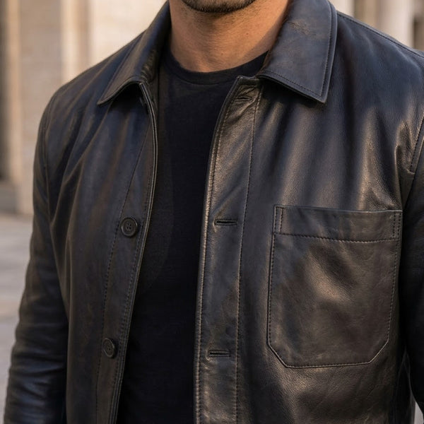 Taj Bespoke Soho Black Nappa Leather Snap Overshirt