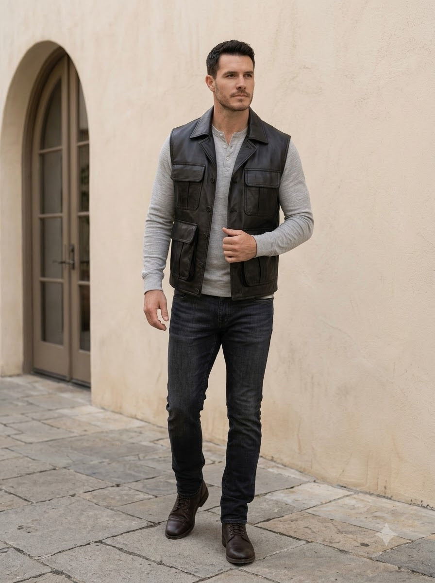 Taj Signature Tactical Black Leather Cargo Utility Vest