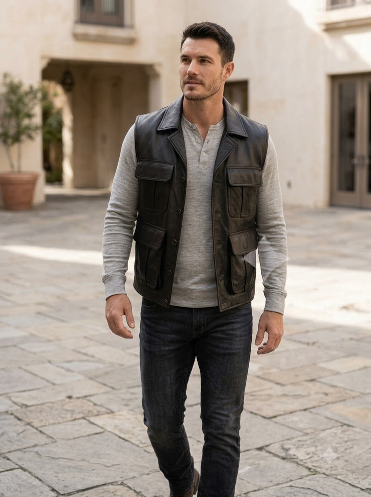 Taj Signature Tactical Black Leather Cargo Utility Vest
