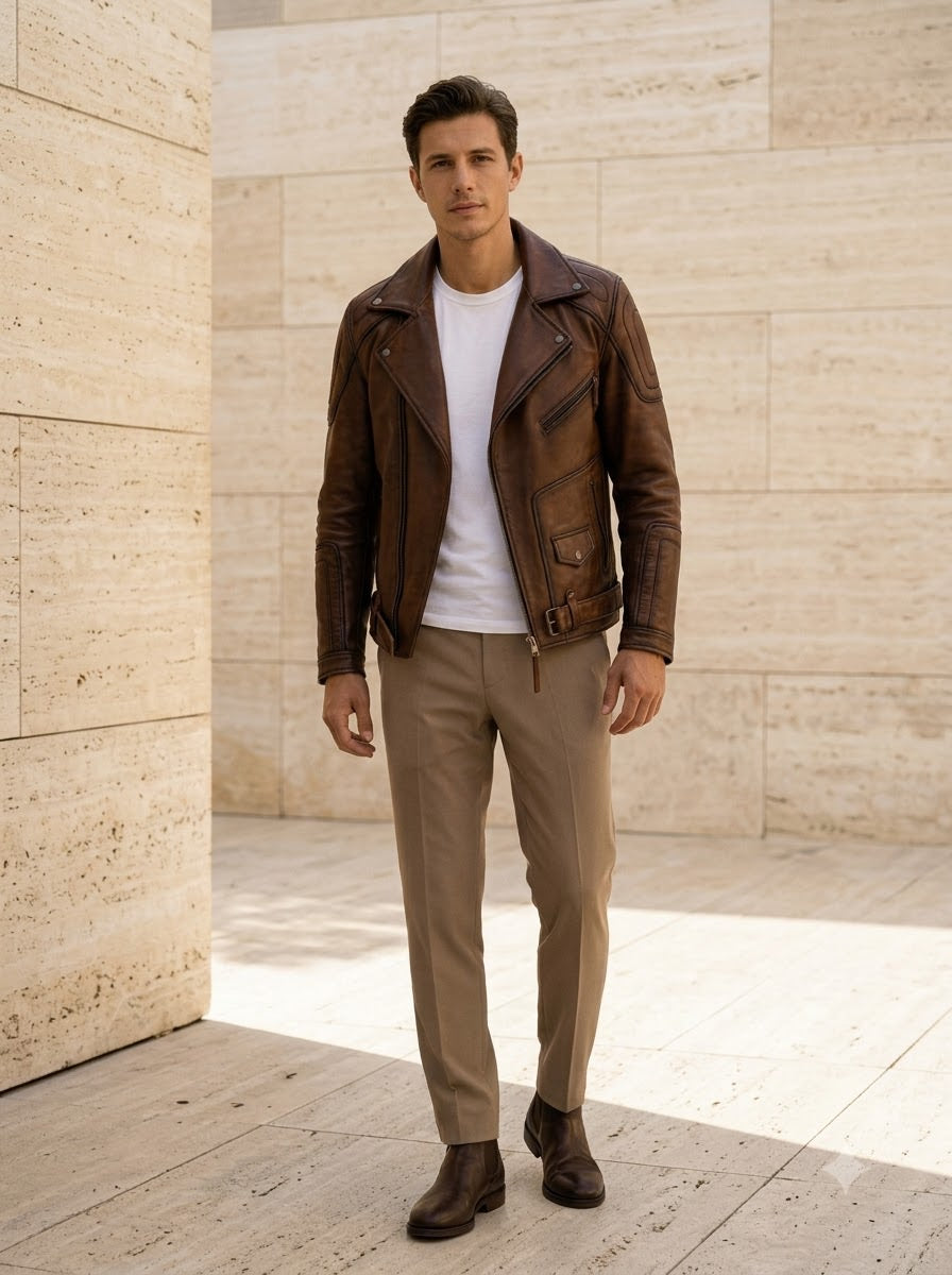 Taj Heritage Vintage Cognac Quilted-Shoulder Biker Jacket