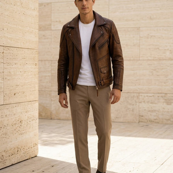 Taj Heritage Vintage Cognac Quilted-Shoulder Biker Jacket