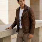 Taj Heritage Vintage Cognac Quilted-Shoulder Biker Jacket