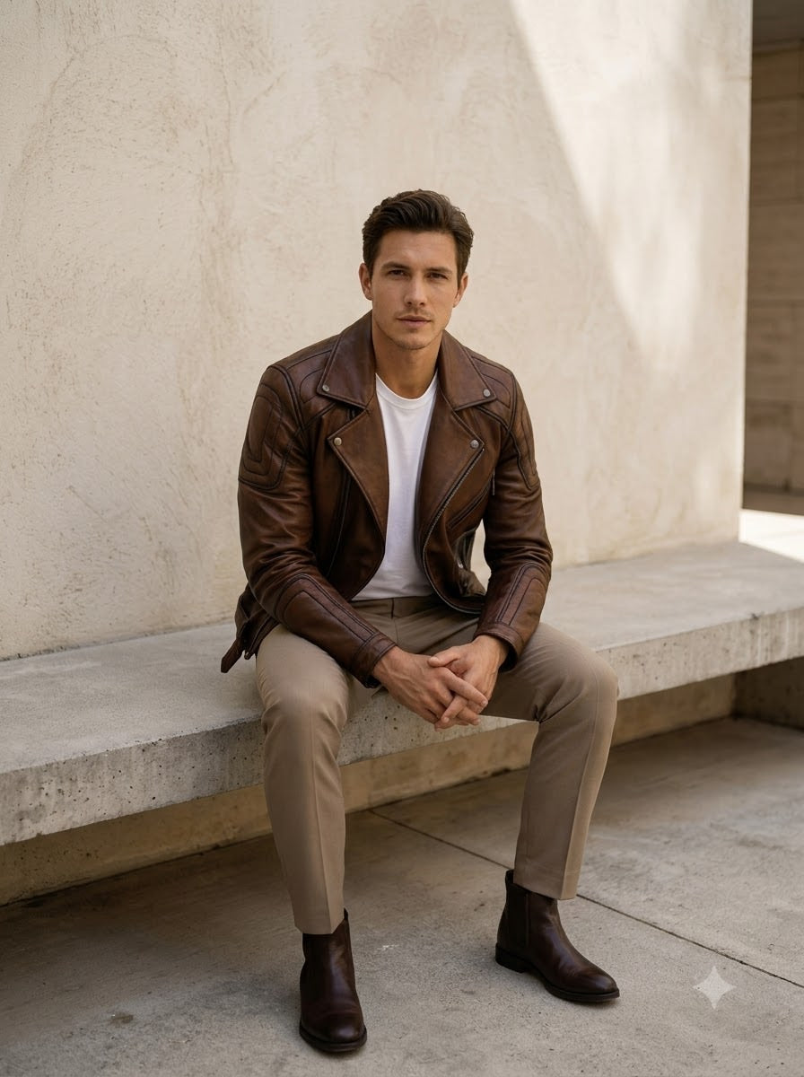 Taj Heritage Vintage Cognac Quilted-Shoulder Biker Jacket