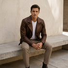 Taj Heritage Vintage Cognac Quilted-Shoulder Biker Jacket